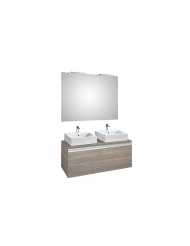Pack (mueble base para dos lavabos sobre encimera con dos cajones espejo y dos apliques Smartlight) - Serie Heima , Color Fresno