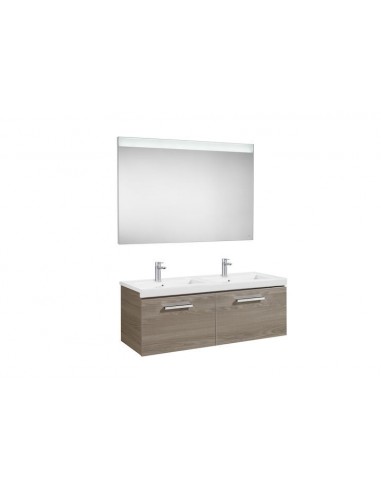 Pack (mueble base con dos cajones lavabo doble y espejo LED) - Serie Prisma , Color Fresno