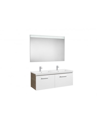 Pack (mueble base con dos cajones lavabo doble y espejo LED) - Serie Prisma , Color Blanco - Fresno