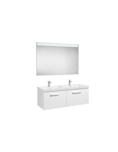 Pack (mueble base con dos cajones lavabo doble y espejo LED) - Serie Prisma , Color Blanco brillo