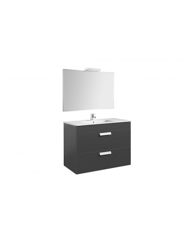 Pack (mueble base con dos cajones lavabo espejo y aplique LED) - 100 cm, Serie Debba , Color Wenge texturizado