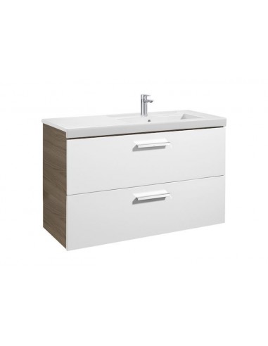 Unik (mueble base con dos cajones y lavabo derecha) - Serie Prisma , Color Blanco - Fresno