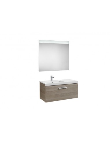 Pack (mueble base con un cajón lavabo izquierda y espejo LED) - Serie Prisma , Color Fresno