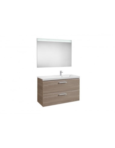 Pack (mueble base con dos cajones lavabo derecha y espejo LED) - Serie Prisma , Color Fresno