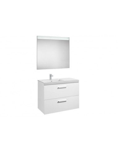 Pack (mueble base con dos cajones lavabo izquierda y espejo LED) - Serie Prisma , Color Blanco brillo