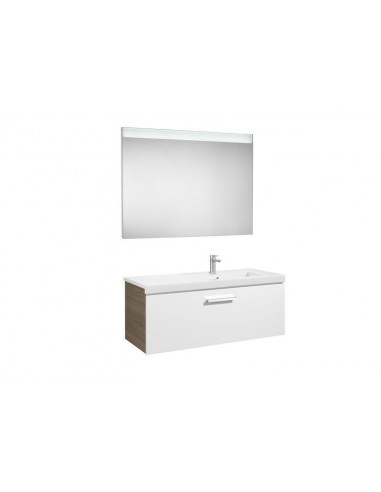 Pack (mueble base con un cajón lavabo derecha y espejo LED) - Serie Prisma , Color Blanco - Fresno