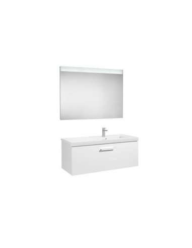 Pack (mueble base con un cajón lavabo derecha y espejo LED) - Serie Prisma , Color Blanco brillo