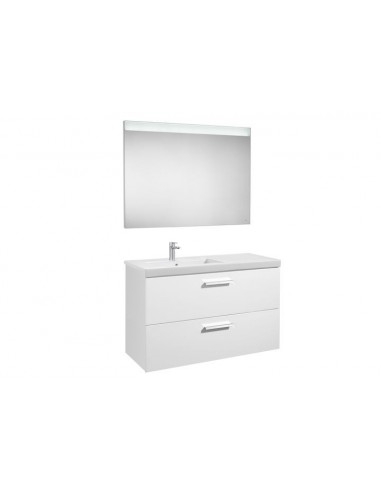 Pack (mueble base con dos cajones lavabo izquierda y espejo LED) - Serie Prisma , Color Blanco brillo