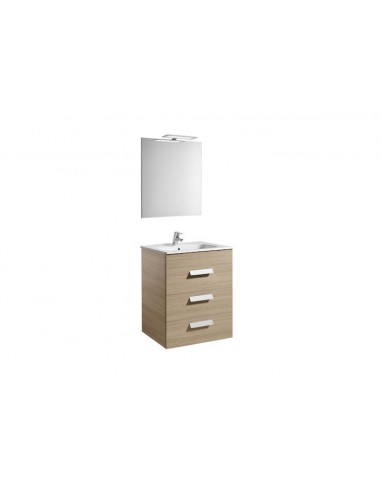 Roca - Pack (mueble base con tres cajones lavabo espejo y aplique LED) - 60 cm, Serie Debba , Color Roble - A855990155