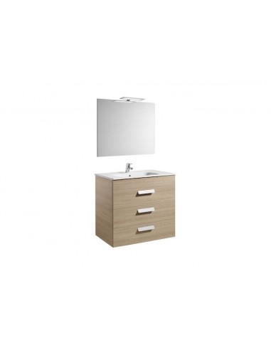 Roca - Pack (mueble base con tres cajones lavabo espejo y aplique LED) - 80 cm, Serie Debba , Color Roble - A855992155