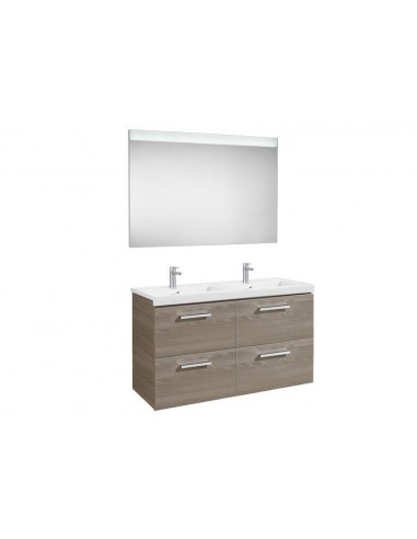 Pack (mueble base con cuatro cajones lavabo doble y espejo LED) - Serie Prisma , Color Fresno
