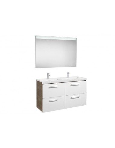 Pack (mueble base con cuatro cajones lavabo doble y espejo LED) - Serie Prisma , Color Blanco - Fresno