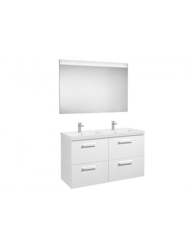 Pack (mueble base con cuatro cajones lavabo doble y espejo LED) - Serie Prisma , Color Blanco brillo