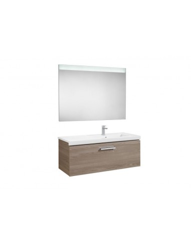 Pack (mueble base con un cajón lavabo derecha y espejo LED) - Serie Prisma , Color Fresno