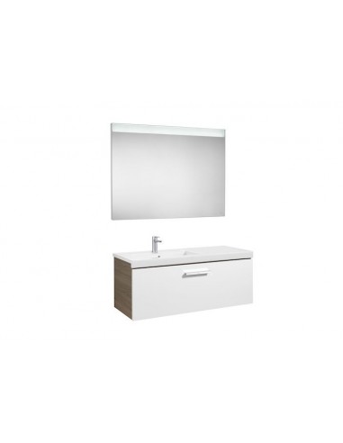 Pack (mueble base con un cajón lavabo izquierda y espejo LED) - Serie Prisma , Color Blanco - Fresno