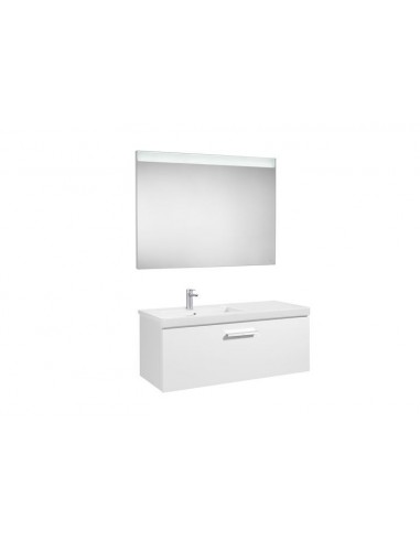 Pack (mueble base con un cajón lavabo izquierda y espejo LED) - Serie Prisma , Color Blanco brillo