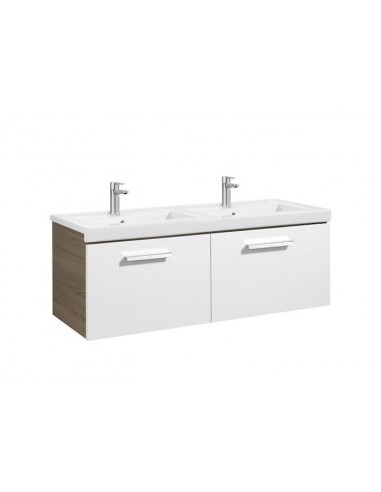 Unik (mueble base con dos cajones y lavabo doble) - Serie Prisma , Color Blanco - Fresno