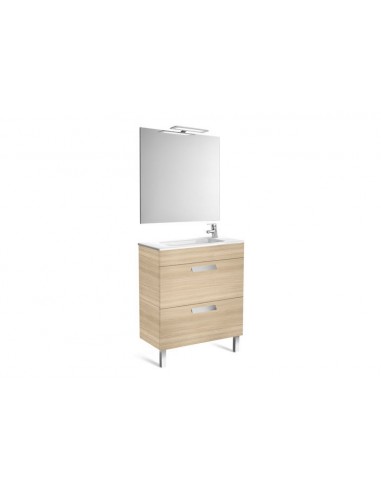 Pack Debba(mueble base compacto con dos cajones, lavabo, espejo y aplique LED) roble city.
