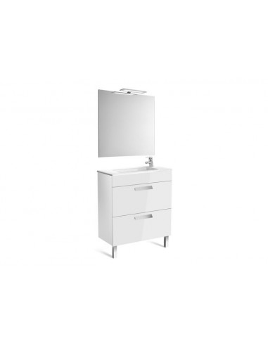 Pack Debba(mueble base compacto con dos cajones, lavabo, espejo y aplique LED) blanco brillo.