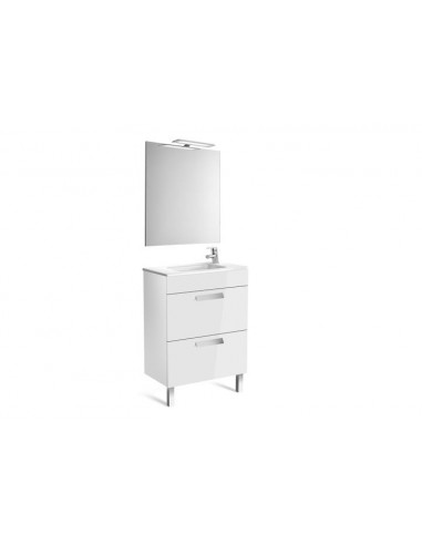 Pack (mueble base compacto con dos cajones, lavabo, espejo y aplique LED) 600mm, blanco brillo.