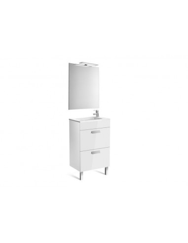 Pack (mueble base compacto con dos cajones, lavabo, espejo y aplique LED) 500mm, blanco brillo.